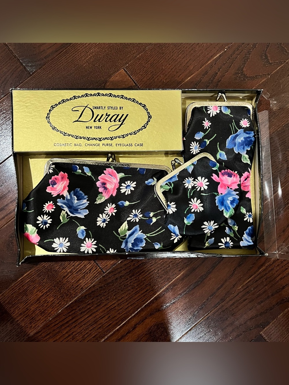 Duray NYC vintage Floral Cosmetic & Eyeglass Case Set‎ - Black Pink & Blue